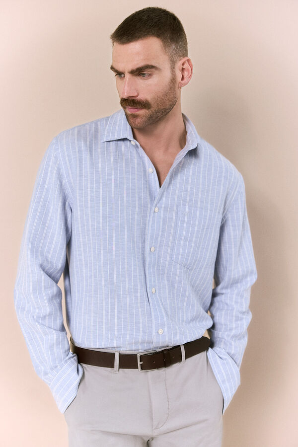OOTO Camisa algod&oacute;n lino rayas Azul