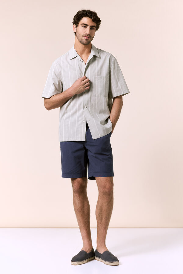 OOTO Camisa rayas manga corta cuello bowling Kaki