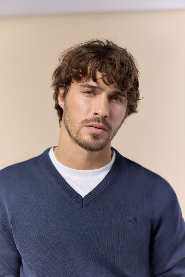 OOTO Jersey cuello pico algod&oacute;n lavado Azul marino