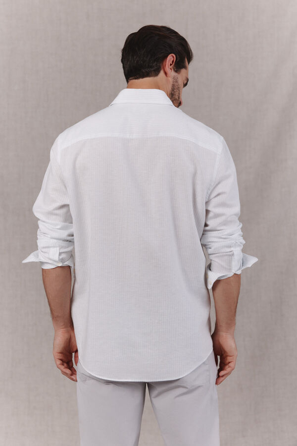 OOTO Camisa algod&oacute;n lino rayas manga larga Blanco