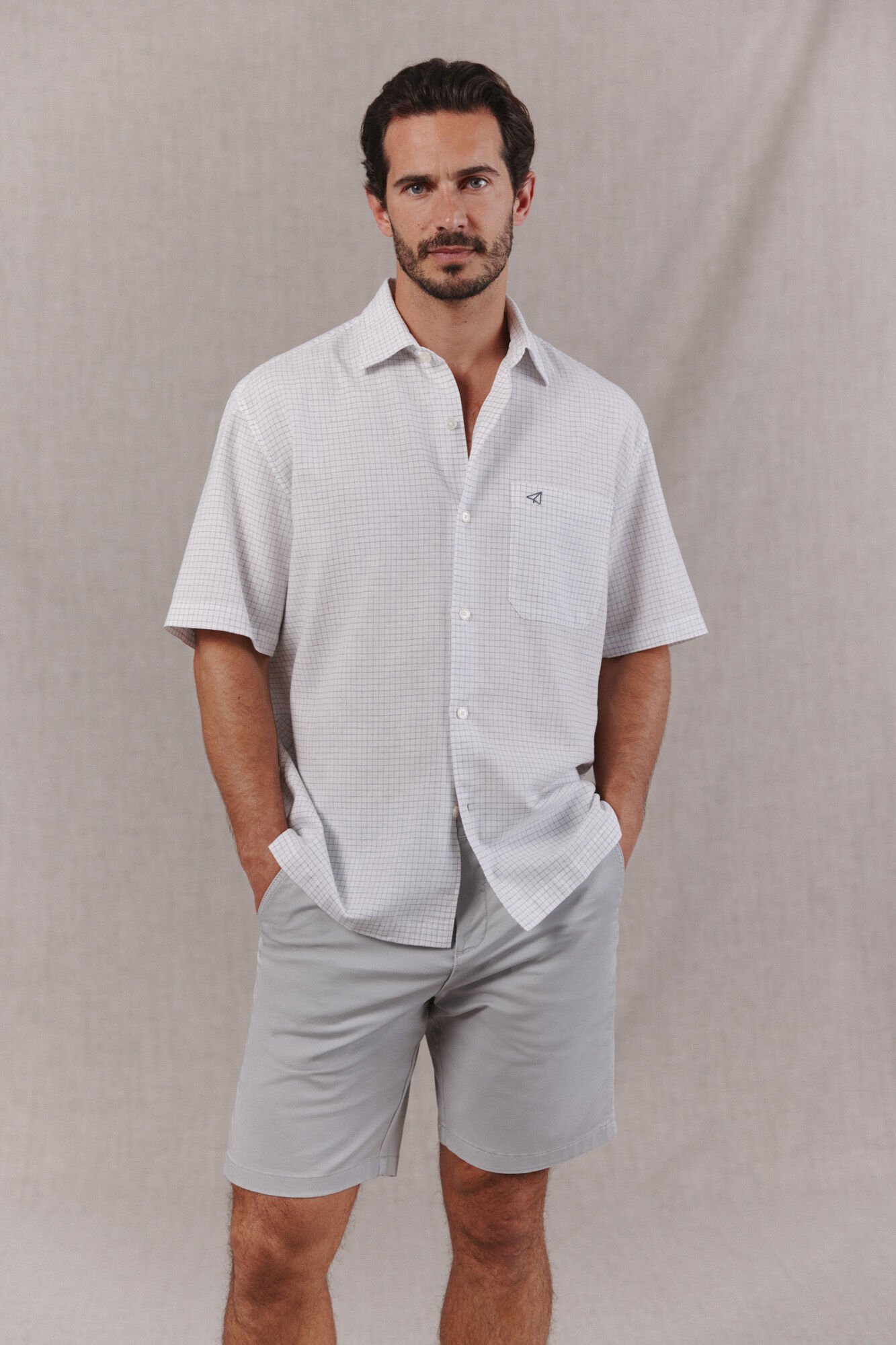 OOTO Camisa algod&oacute;n lino cuadros manga corta