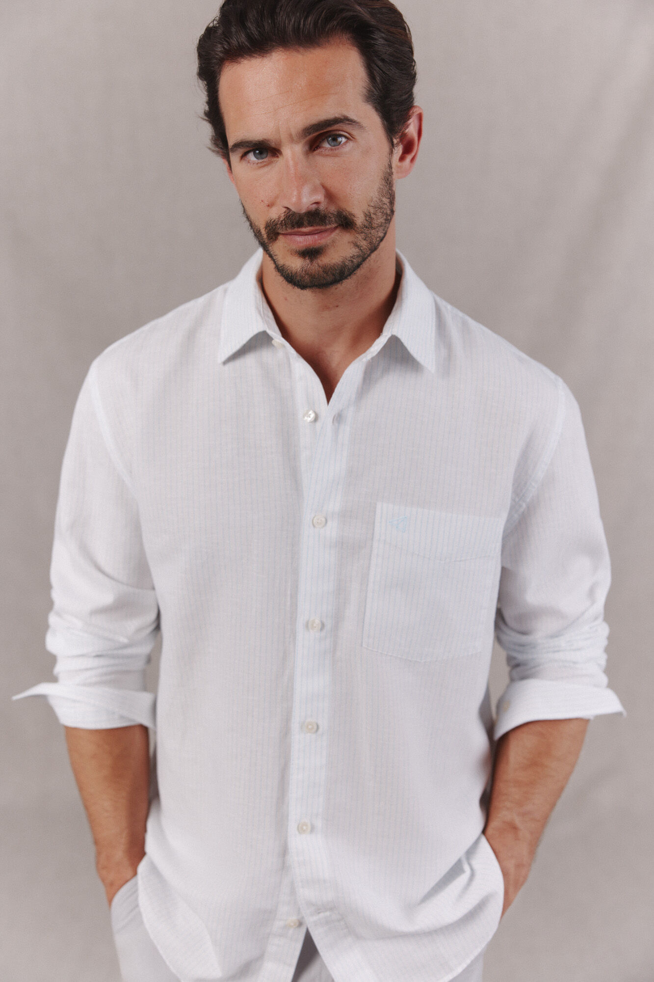 OOTO Camisa algod&oacute;n lino rayas manga larga