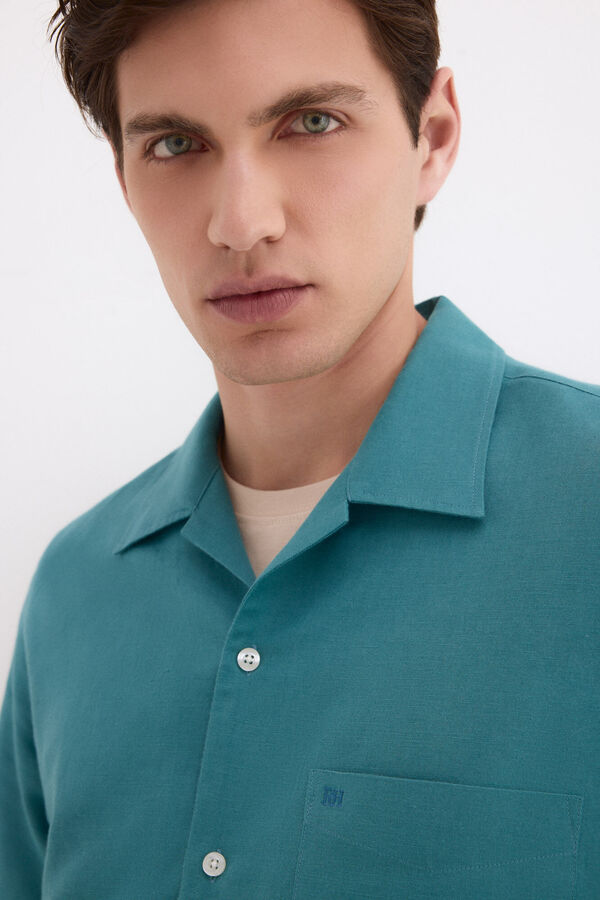 Pedro del Hierro Camisa de lino algod&oacute;n manga corta Turquesa