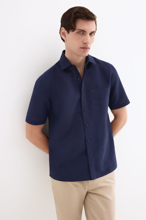 Pedro del Hierro Camisa lisa lino algod&oacute;n Azul