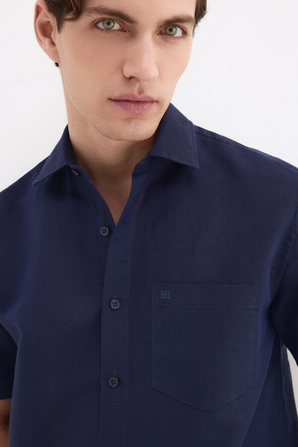 Pedro del Hierro Camisa lisa lino algod&oacute;n Azul