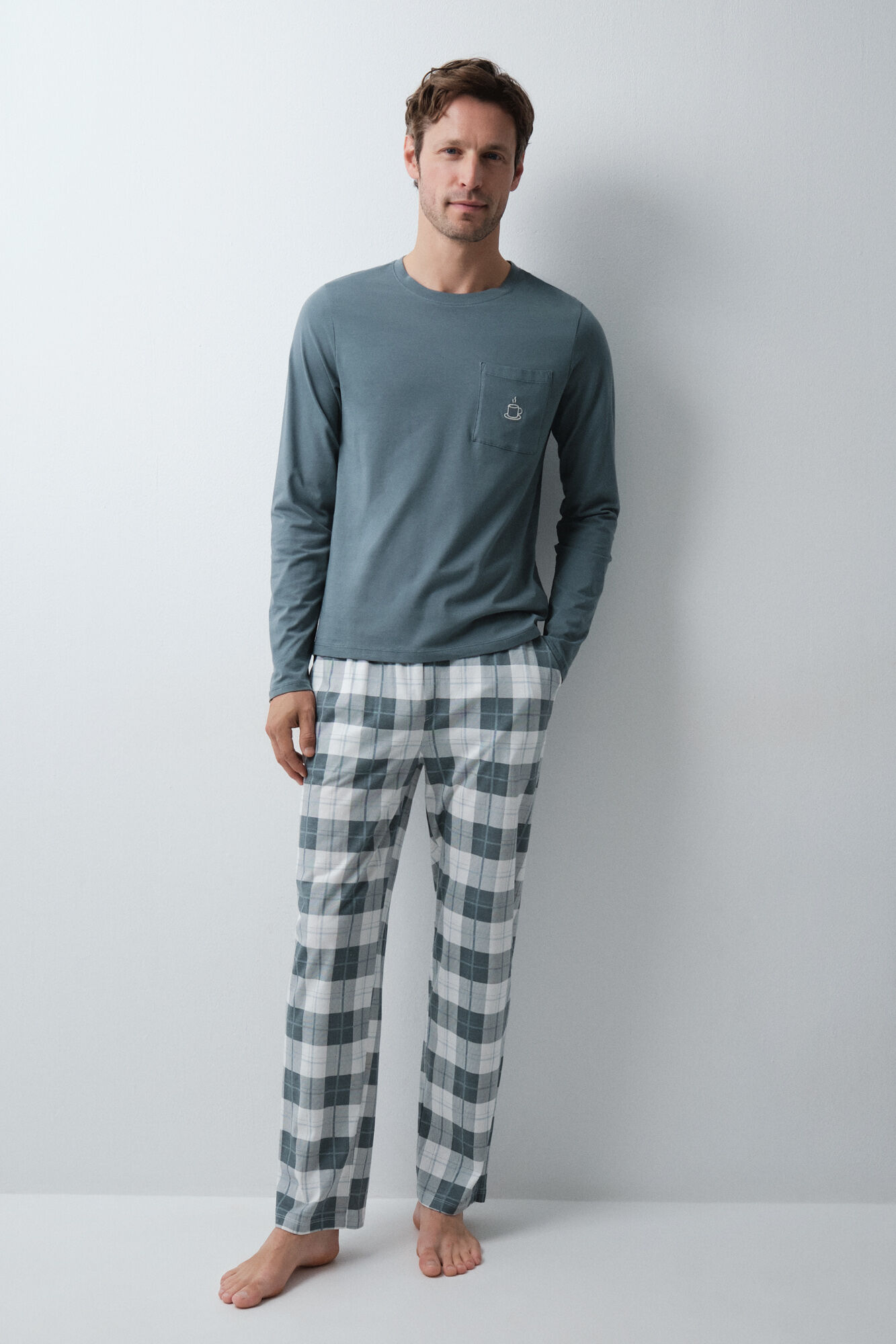 Women'secret Pijama largo algod&oacute;n azul cuadros