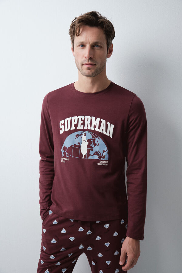 Women'secret Pijama largo algod&oacute;n Superman granate burdeos