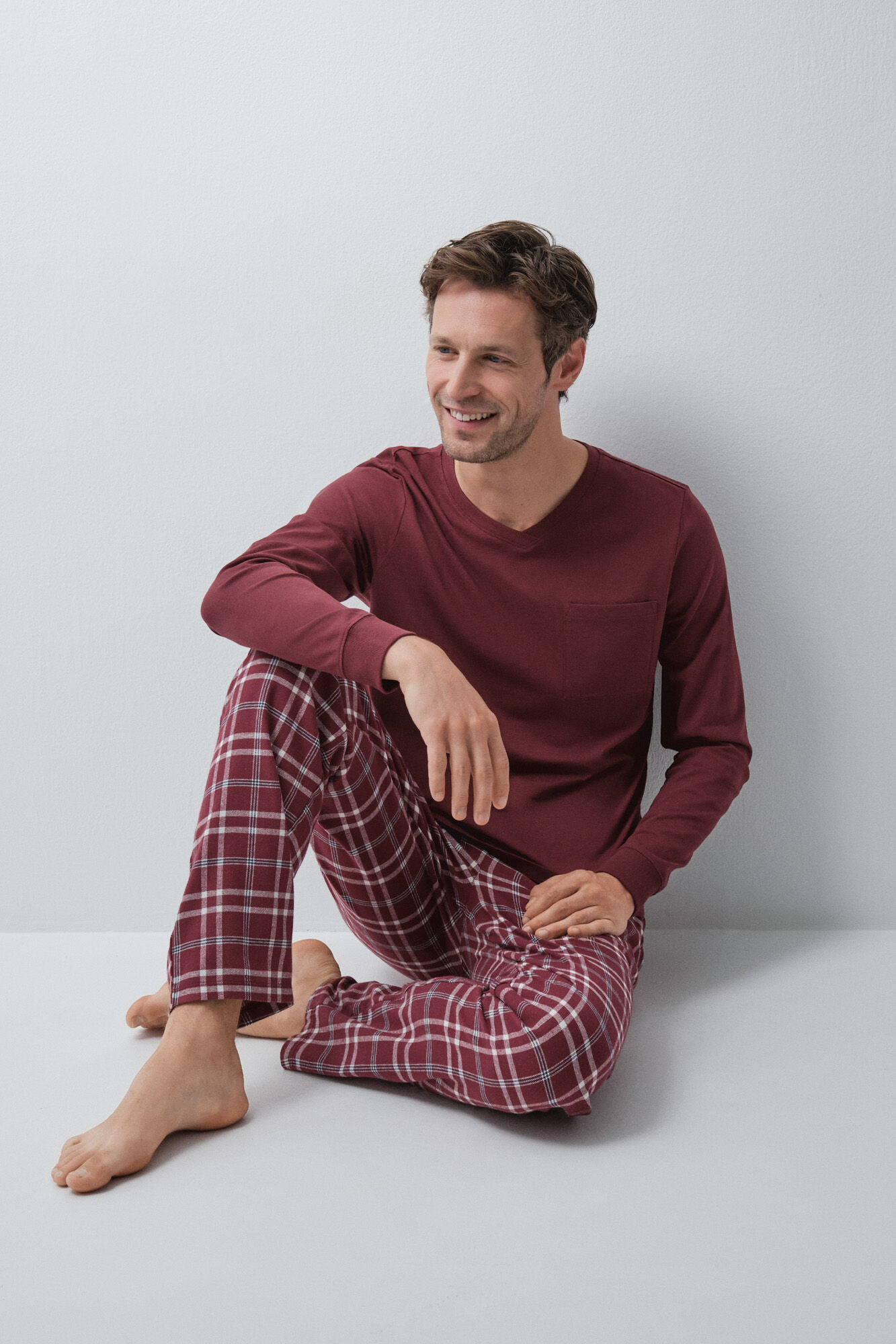 Women'secret Pijama largo algod&oacute;n granate cuadros